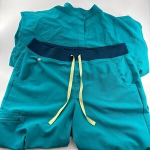 Figs Teal Track Pants & Top with Navy Waistband and Yellow Drawstrings
